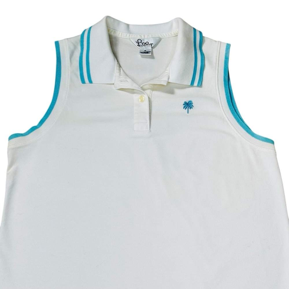 Lily Pulitzer white sleeveless collard top with aqua blue accents Sz M